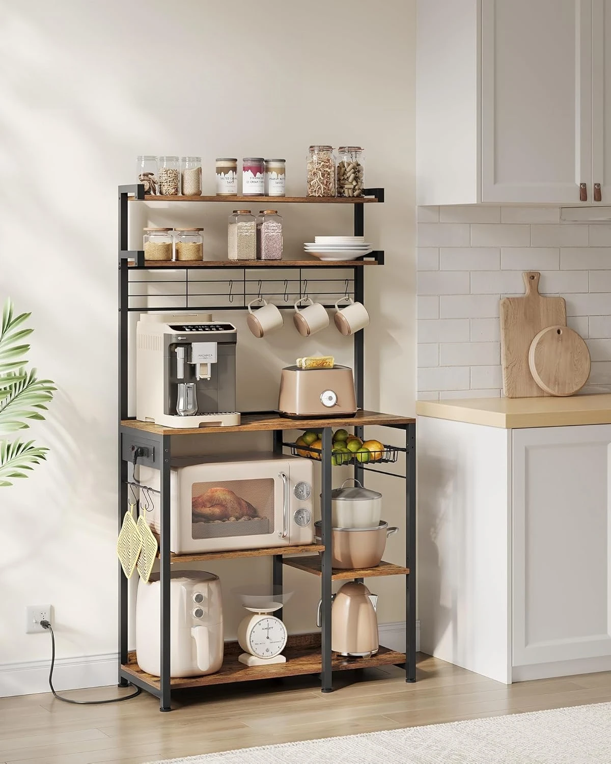

Bakers Rack with Power Outlet, 35.4 Inches Microwave Stand, Coffee Bar, 4 AC Outlets, with Adjustable Shelves, 8 S-Hooks