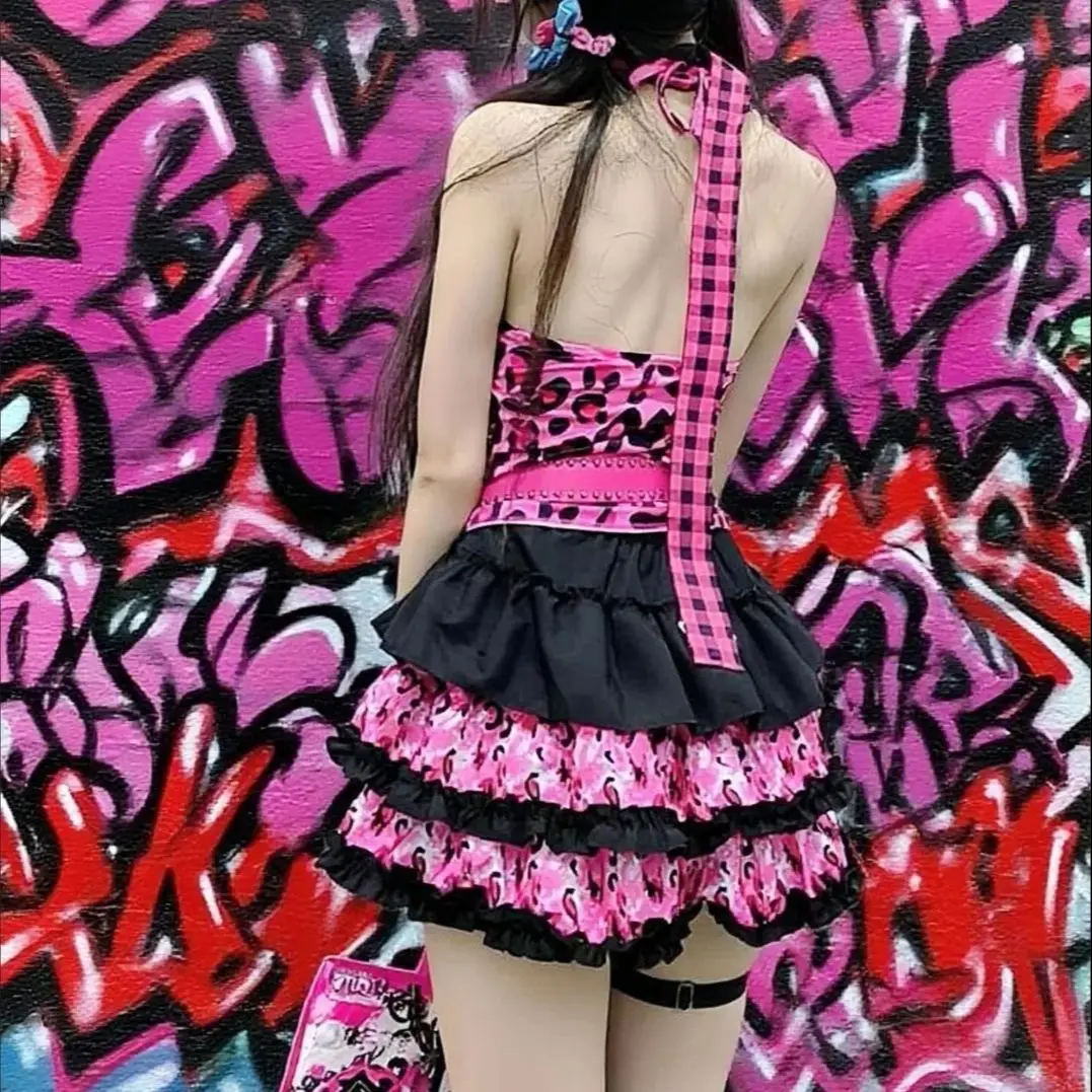 

Topenomi Sweet Leopard Print Patchwork Skirt Women Japanese Y2k Aesthetic High Waist A-line Fluffy Mini Skirts Retro Chic Faldas