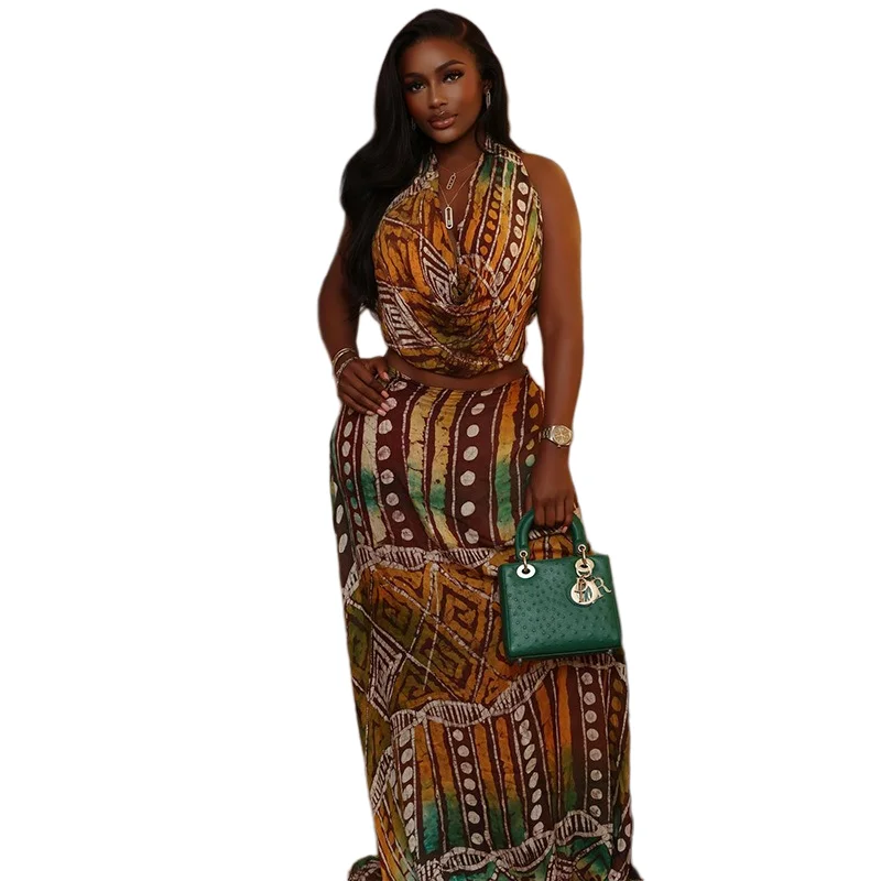 

Women's Lace-Up Halter Swinging Collar Sleeveless Backless Vest Tops & Long Skirt, 2 Piece Set