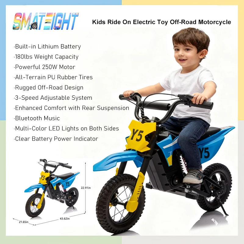 24V 250W Kids Ride On Electric Toy Off-Road Motorcycle,Built-in Lithium Battery, Rear Suspension, For Kids Aged 8+