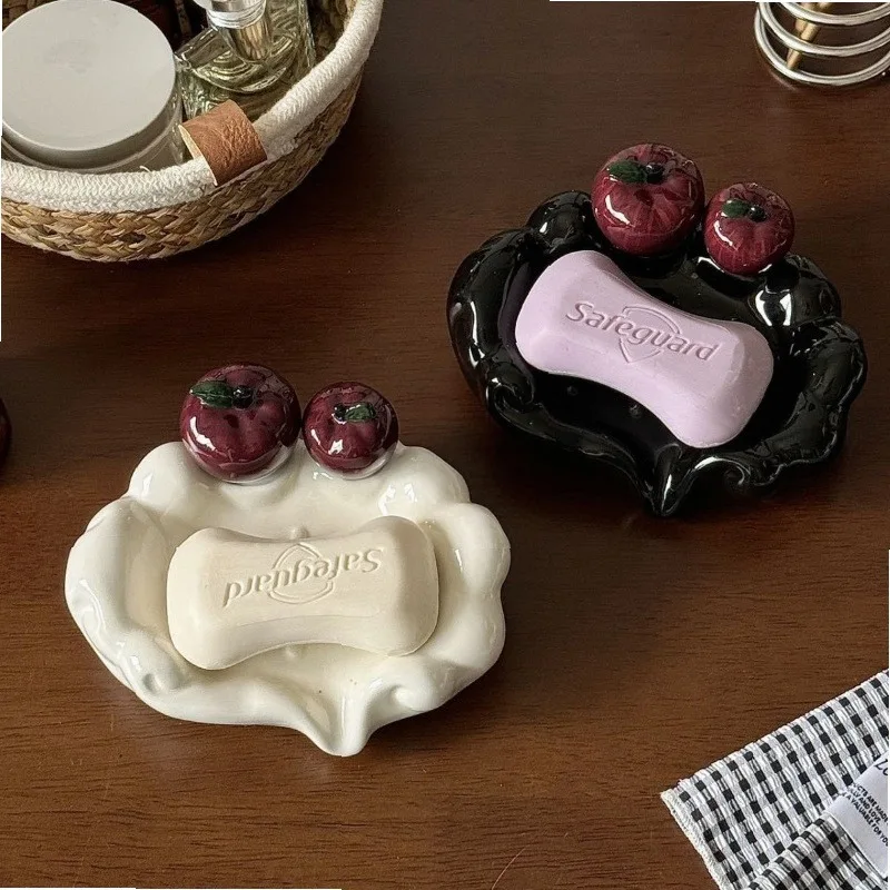Luxury for Apple-Shaped Ceramic Soap Dish with Drainage, Creative Draining Soap Holder for Bathroom Sink, Kitchen &