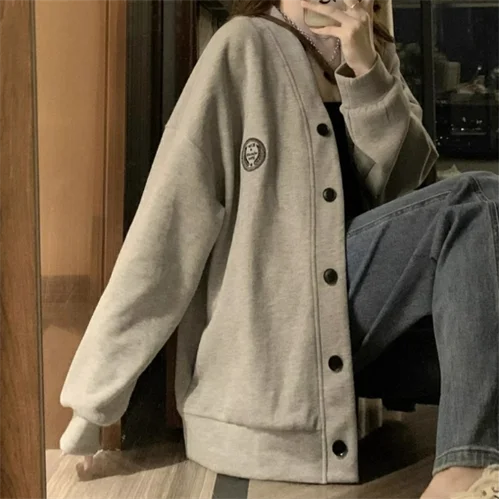 Maillard Retro Gray V-Neck Jacket Women's Early Spring 2024 New Loose Lazy Style Casual Cardigan Sweater women clothing y2k tops