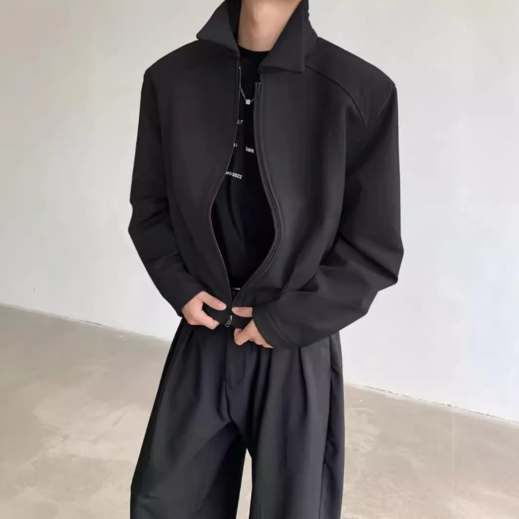 Men Grey Black Solid Color Turn-down Collar Zipper Long Sleeve Simple Basic Casual Daily Jackets Spring Autumn New Fashion Coats