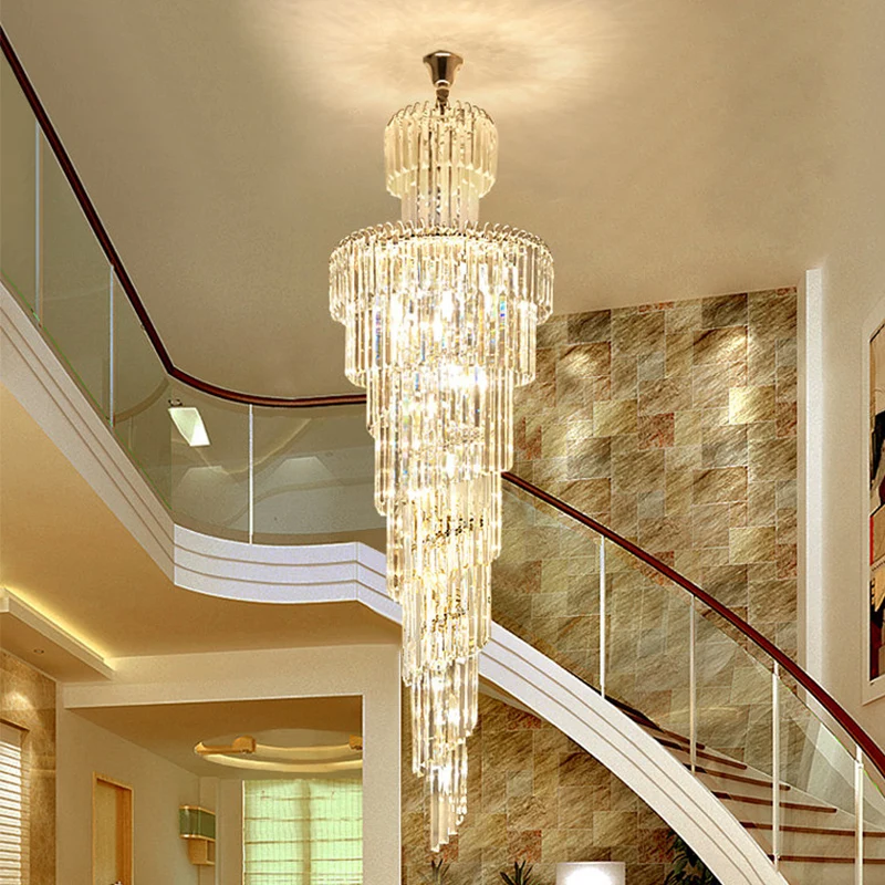 

New Design Large Decorative High Ceilings Living Room Chrome Pendant Lamp Spiral Stair Lng Modern Luxury Crystal Chandelier