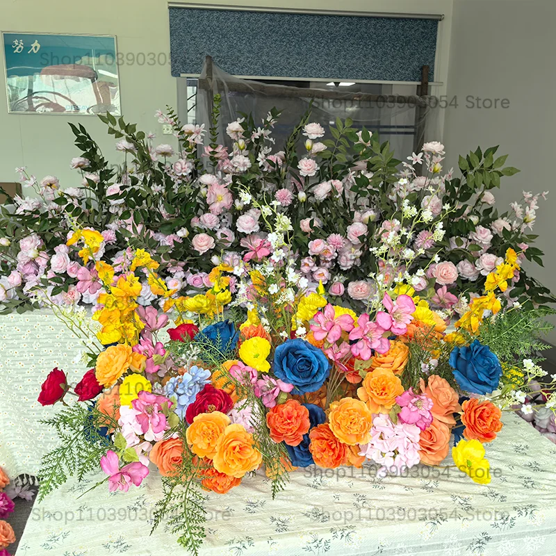 Buntes Orange-Rot-Blau-Rosa Künstliches Tischblumenarrangement Hochzeitsbankett Esstisch-Mittelstück Rosen-Mischblumenreihe – Detail 4