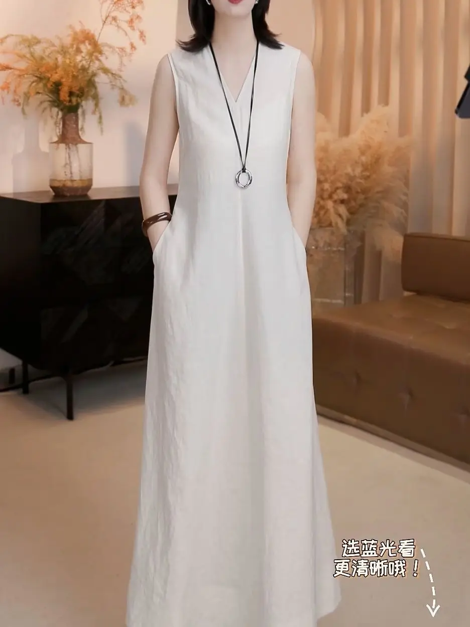 Estilo minimalista desplazamientos vestido versátil de moda para mujeres primavera 2025 nuevo vestido largo artístico sin mangas con cuello en V para madre