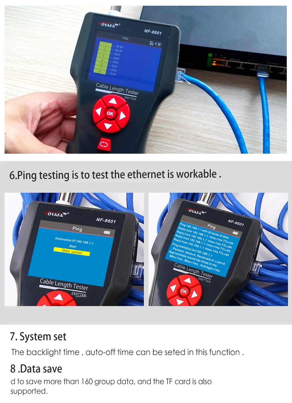 NOYAFA Netzwerkkabeltester NF-8601 Ethernet-Kabeltracker mit PoE/PING-Funktion, Messung der Länge, Wiremap-Tester, Netzwerkwerkzeuge – Detail 8