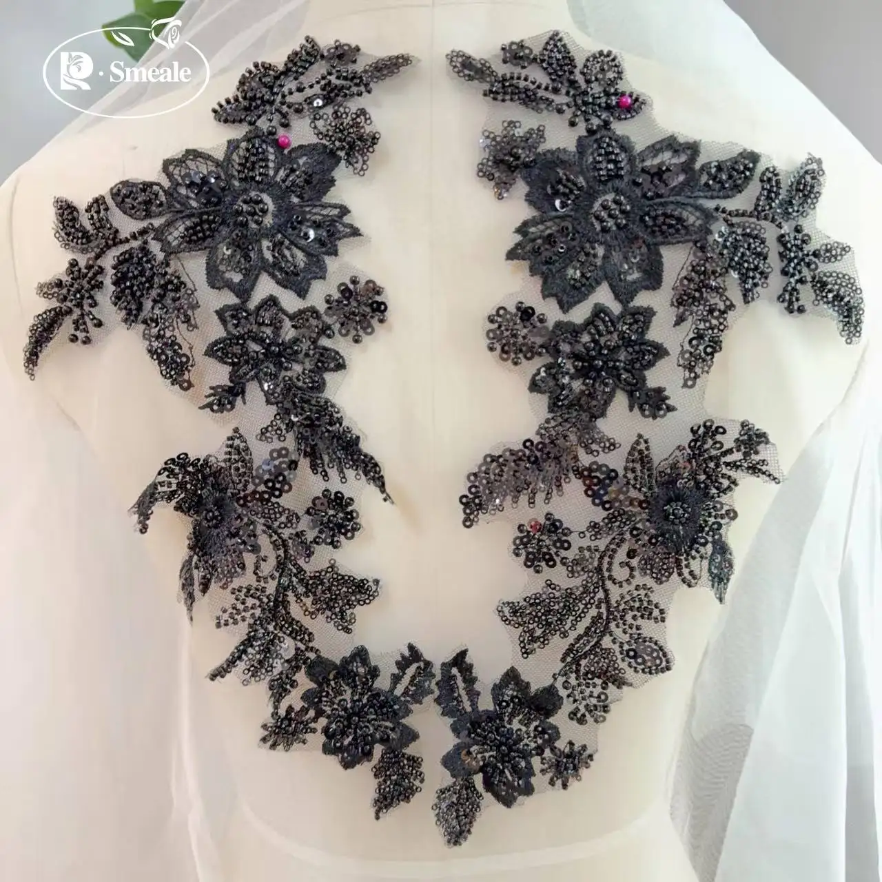 10 Stück/2 Stück. Bestickte Spitze mit mehrfarbigen Perlen, Perlenstickerei, Blumen-Pailletten, handgemachter DIY-Spitzen-Applikations-Patch. – Detail 8