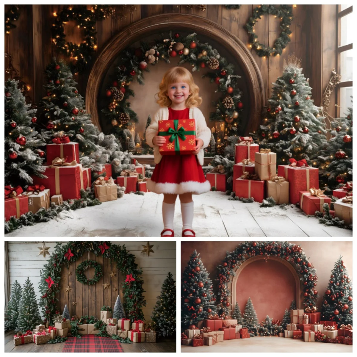 

Christmas Wooden Arch Backgrounds For Photographs Wreaths Twinkling Light Stacked Gift Cozy Vintage Holiday Photo Decor Backdrop