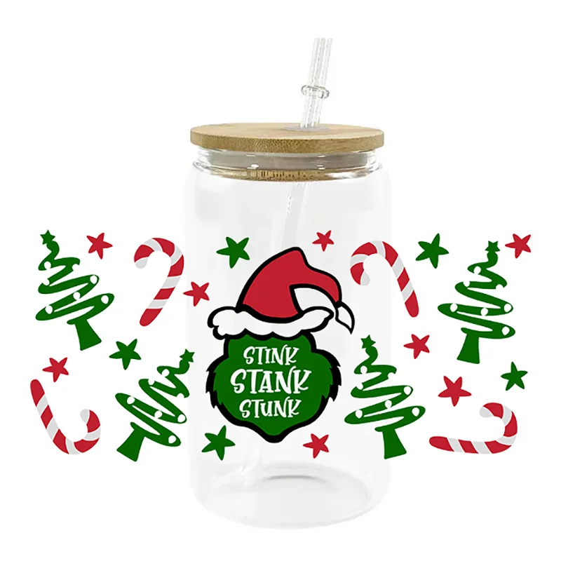 Miniso nuovo Design Cartoon Christmas UV DTF Santa Decal Wrap per 16oz Libbey Glass Can Cup uvdtf Coffee Car Sticker fai da te