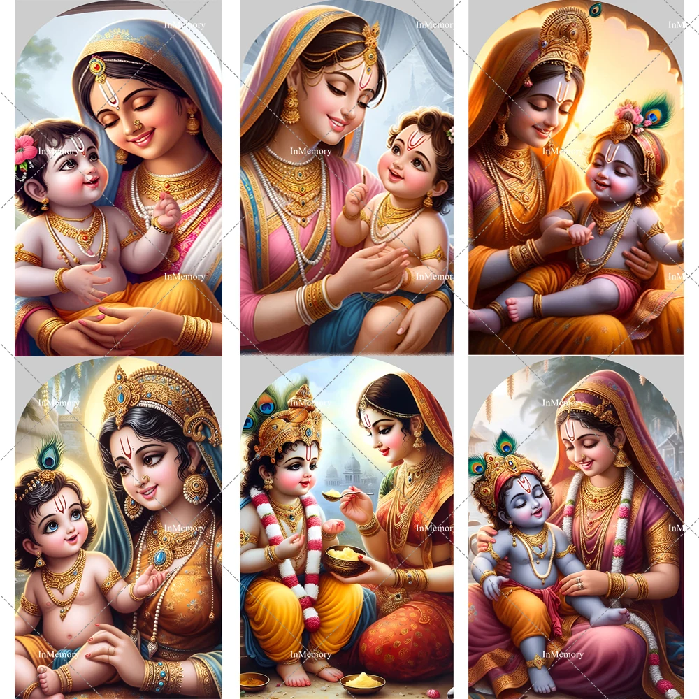 9 خيارات مخصصة على الوجهين الهندي ياشودا وكريشنا قوس خلفية غطاء الطاووس التصوير الخلفيات مجموعة استوديو الصور