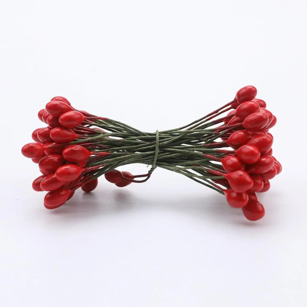 Artificial Berries with Double Head, 2-6 Pieces, 200 Pieces, for Crafts, Red