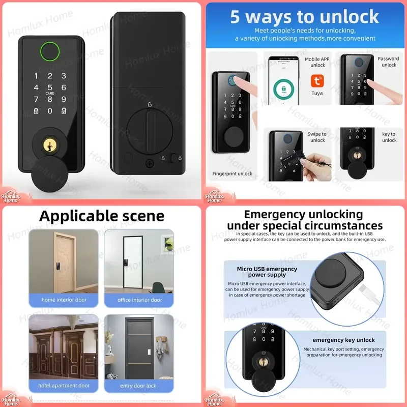 Tuya Smart Door Lock Digital Electronic Lock with Password Card Fingerprint and Keyless Entry Tongue Lock for Residential Use