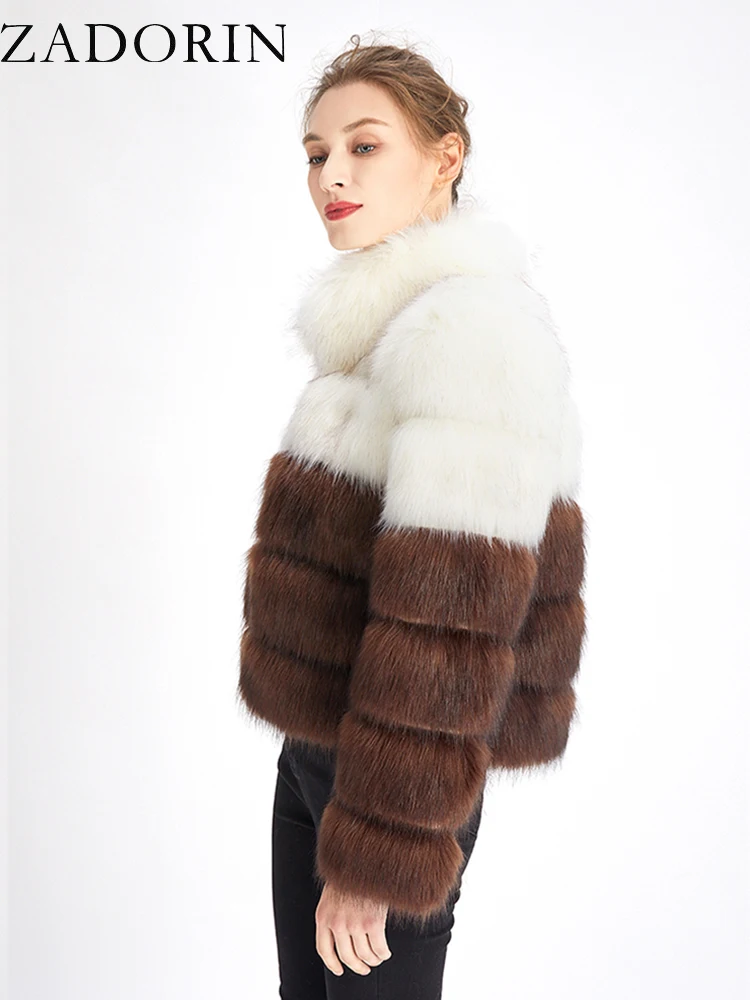 ZADORIN New Designer Women Winter Coat 2024 Stand Collar Contrast Colors Warm Fluffy Faux Fox Fur Coat Women Fur Jacket Coats