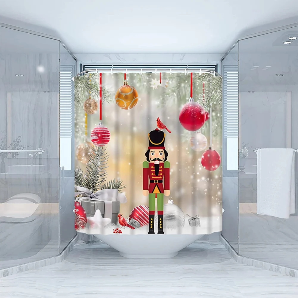 Merry Christmas Bathroom Shower Curtain Red Xmas Tree Snowflake Nutcracker soldier Winter Holiday Fabric Curtains with Hooks