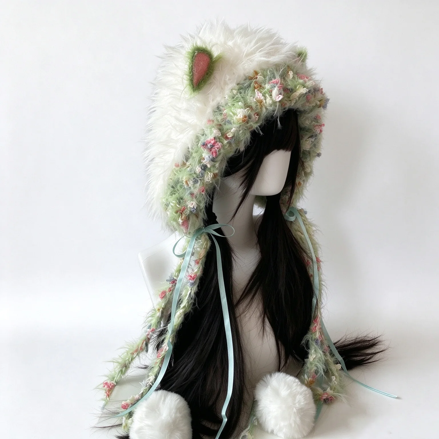 Handmade White Green Cat Ear Hat Hat Lady Custom Crochet Fuzzy Floral Knit Beanie Women Winter Warm Kawaii Lolita Sweet Hood Cap