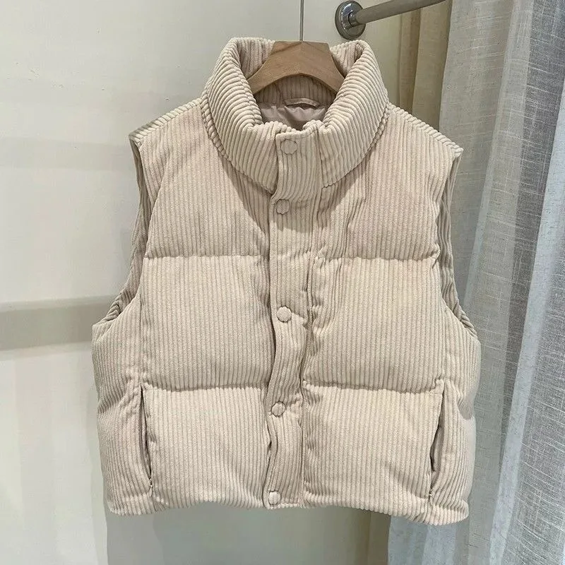 Corduroy Stand Collar down Vest Women Small Size Warm oulder Pad Cotton Clothes Commute Sle ort Length