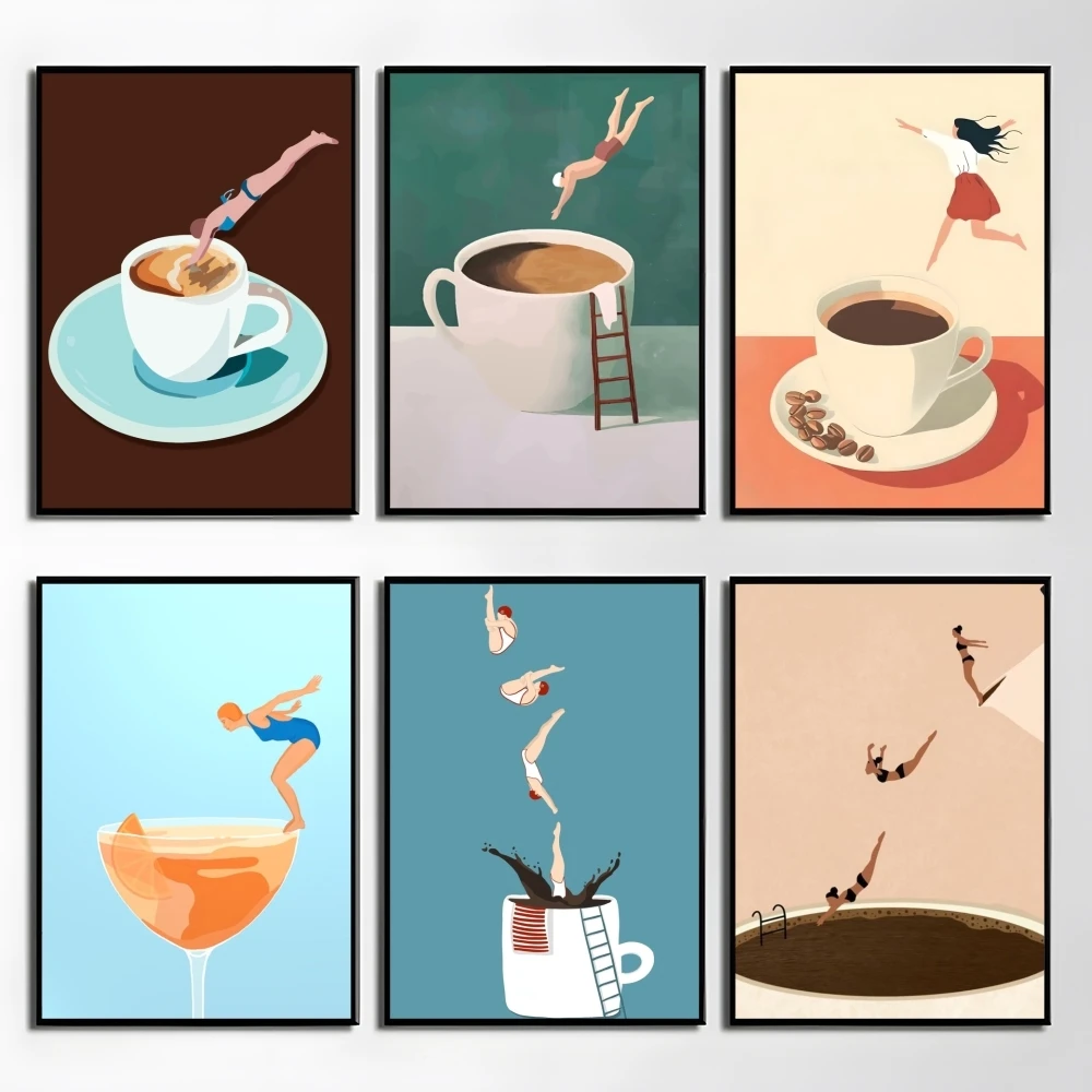 

Retro Coffee Diving Poster HD Art Mural Wallart Waterproof Vintage Print Decor for Home Decoration DIY Durable
