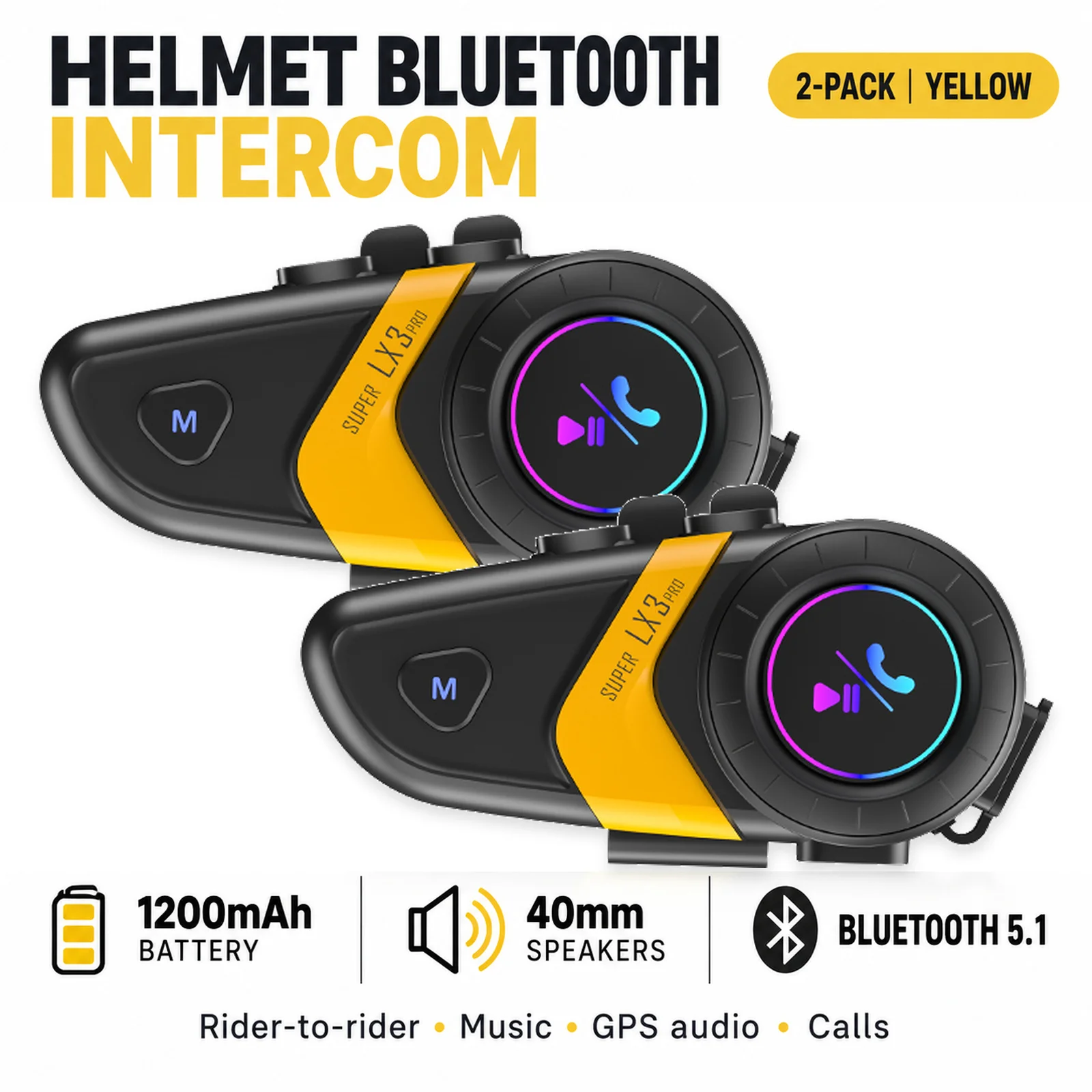 2PCS Motorcycle Bluetooth Headset Helmet Intercom LX3Pro, Bluetooth 5.1, 40mm Speakers, 24H+, IPX6, Ambient Light