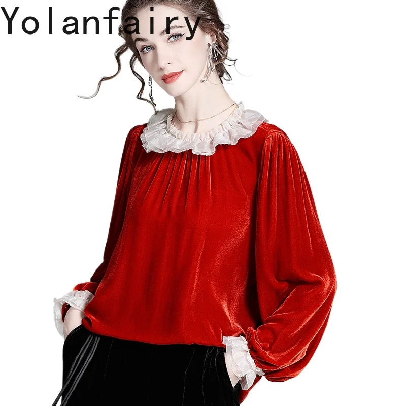 

YOLANFAIRY 100% Mulberry Silk Velvet Blouses for Woman Autumn 2025 Long Sleeve Shirts Elegant Women's Red Silk Velvet Top Blouse