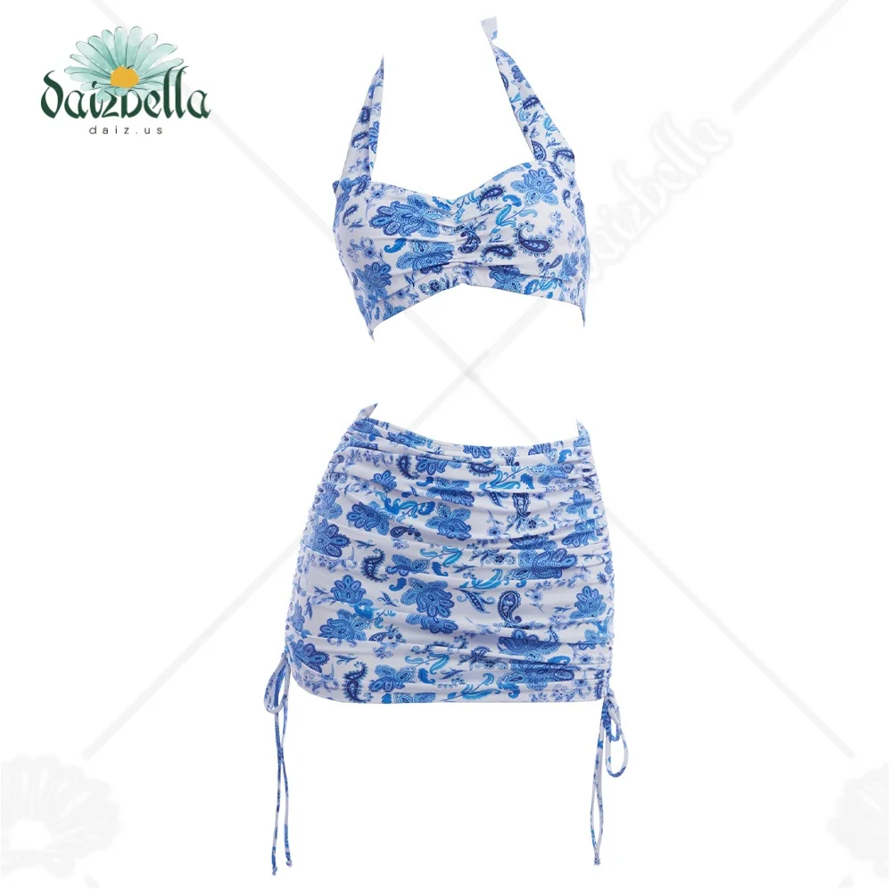 

Daizbella Women's Elegant Blue Bikini Set Halter Neck Two-Piece Swimsuit with Ruched Skirt