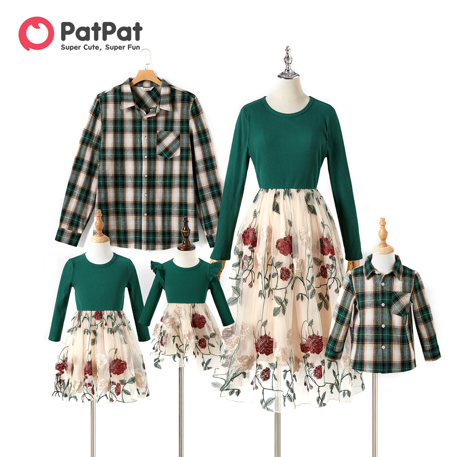 PatPat Valentine\'s Day Family Matching Outfits Embroidered Mesh Women Dresses and Plaid Long-sleeve Shirt Family Looks Sets