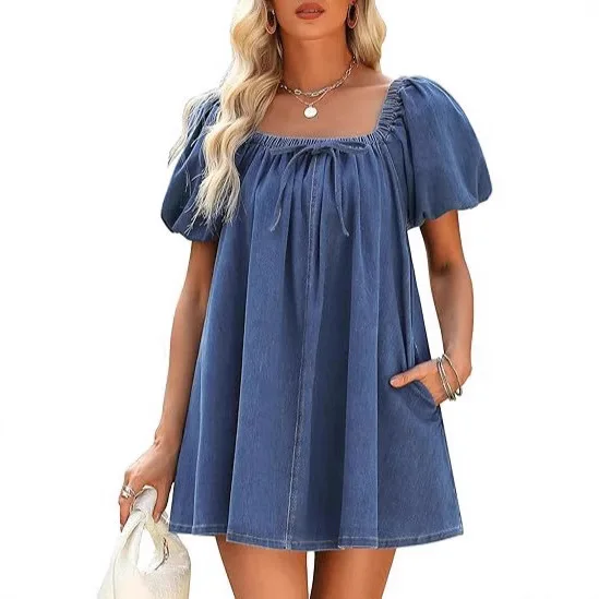 Summer New Square-neck Bubble Short-sleeved Lace-up Denim Dress. A Loose, Solid-colored Casual Short Pullover Dress for Women - view 2
