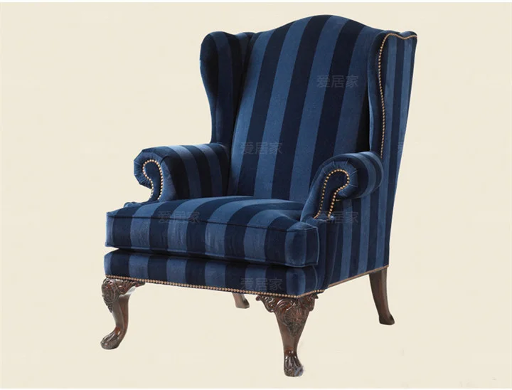 Neoclassical fabric sofa chair, blue striped leisure chair, single person sofa