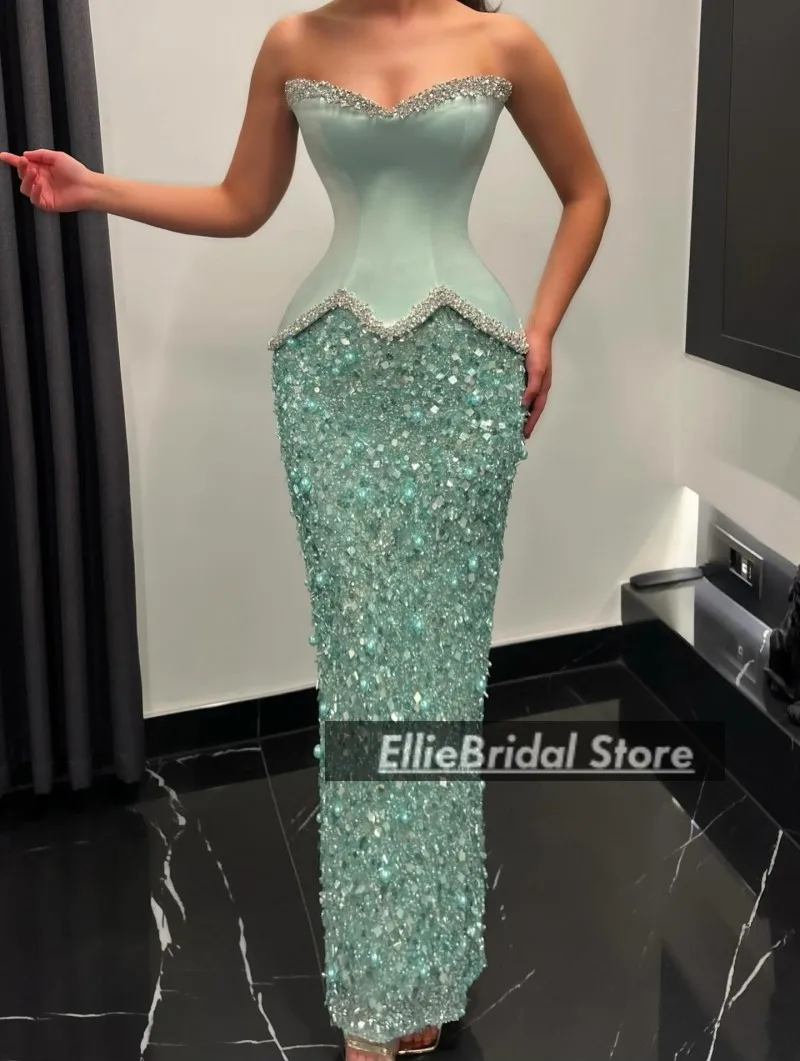 Abiti da sera verde salvia per occasioni speciali Abito da cerimonia nuziale a sirena con paillettes di cristallo Dubai Abito da ballo elegante personalizzato
