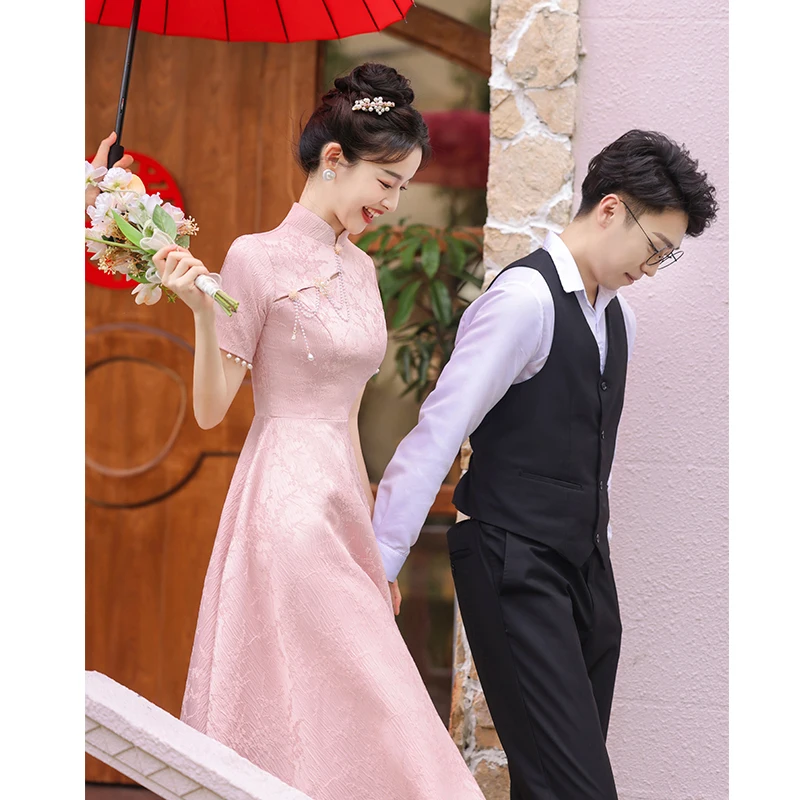 

Pink Engagement Par Wear Wedding Dr Slim Fit Long Skirt ort Sve Korean Sle Sweet Promise Brand