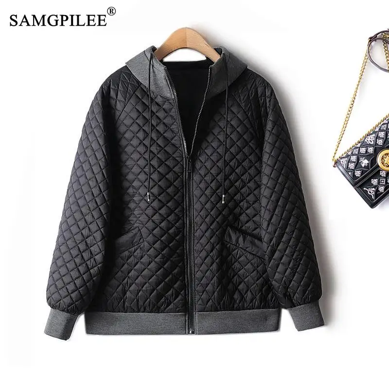 

Autumn Winter Jacket Women 2022 Cotton Padded Diamond-shaped Lattice Hooded Straight Beam Mouth Casual Long Sleeve Overcoat 4XL
