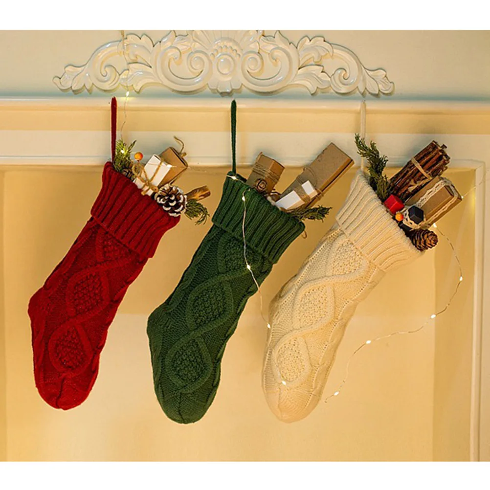 

3pcs 37Cm Knitted Christmas Stockings Thick Rustic Hanging Ornament Gift Candy Bags Fireplace Tree Party Holiday Decorations