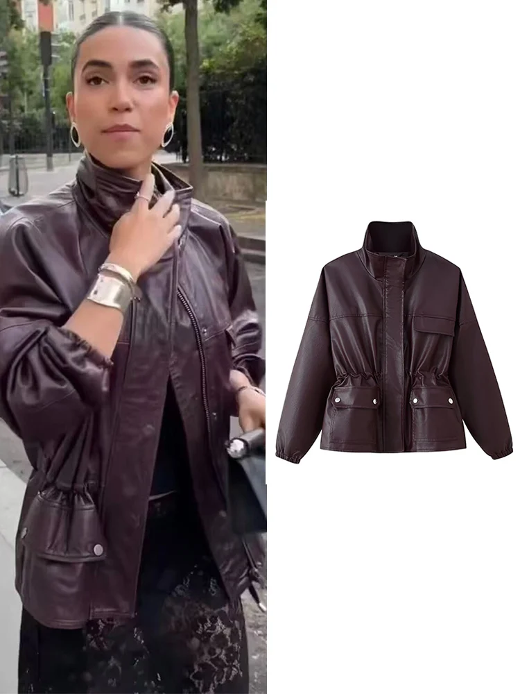 

TFMLN Vintage Leather Jackets For Women Spring Autumn New Fashion Simple Stand Collar Waist Design Pockes Faux PU Coat Female