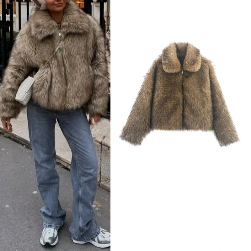 

Новая осенняя женская свободная меховая кожаная интегрированная куртка с воротником на молнии, длинная све, повседневная верхняя одежда с дизайном Sle Faion, пальто