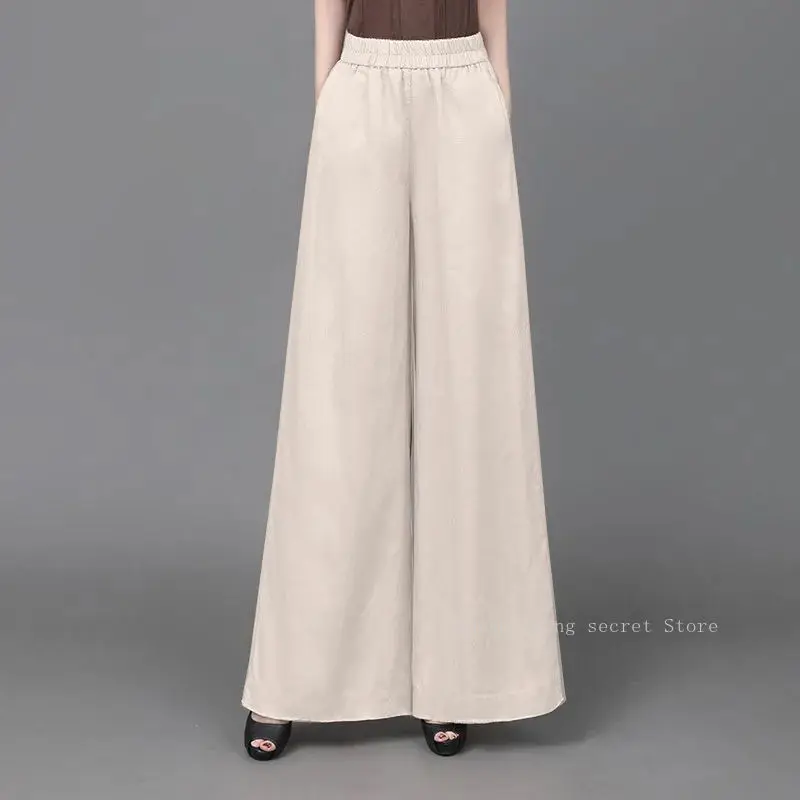 الكتان واسعة أرجل السراويل سراويل صيفية الإناث فضفاضة القطن المرأة السراويل اللف عالية الخصر الترفيه مستقيم بنطلون