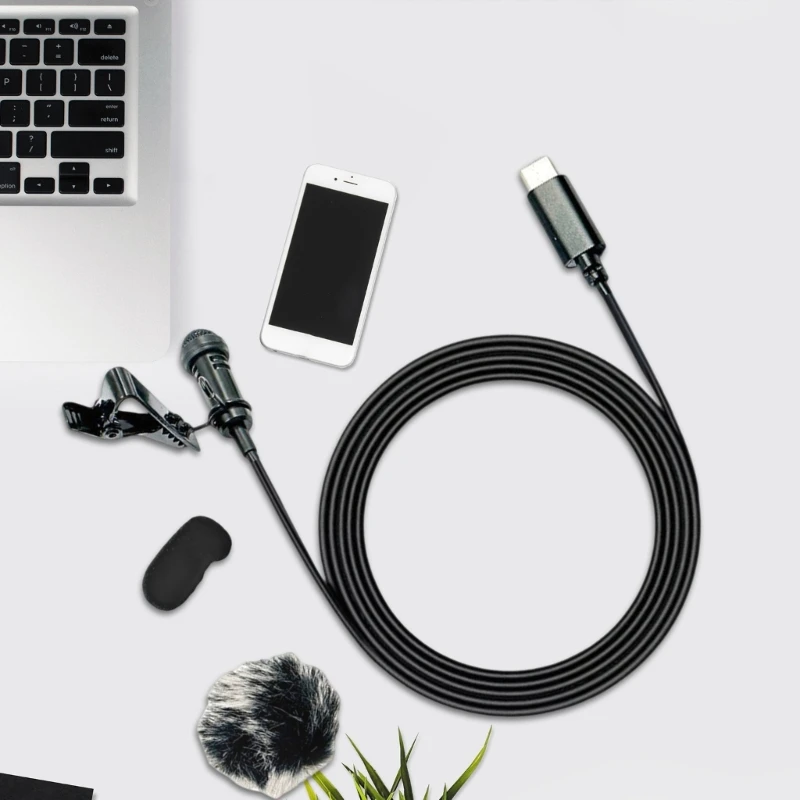 Microfone lapela lapela M17B ZJ030MR USB C, microfone condensador omnidirecional com clipe 20 Hz-16 KHz muffs opcionais