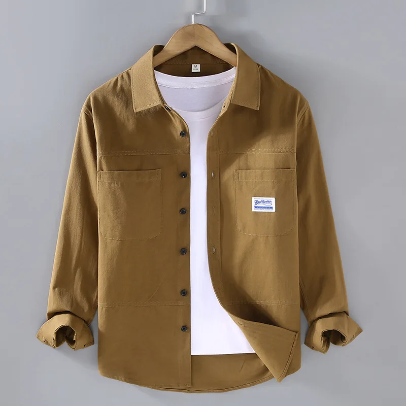 Japanese Style New Cargo Shirt Men Long Sleeve Spring Fall Casual Top Double Pockets Pure Cotton Male Shirts Simple Coffee Shirt