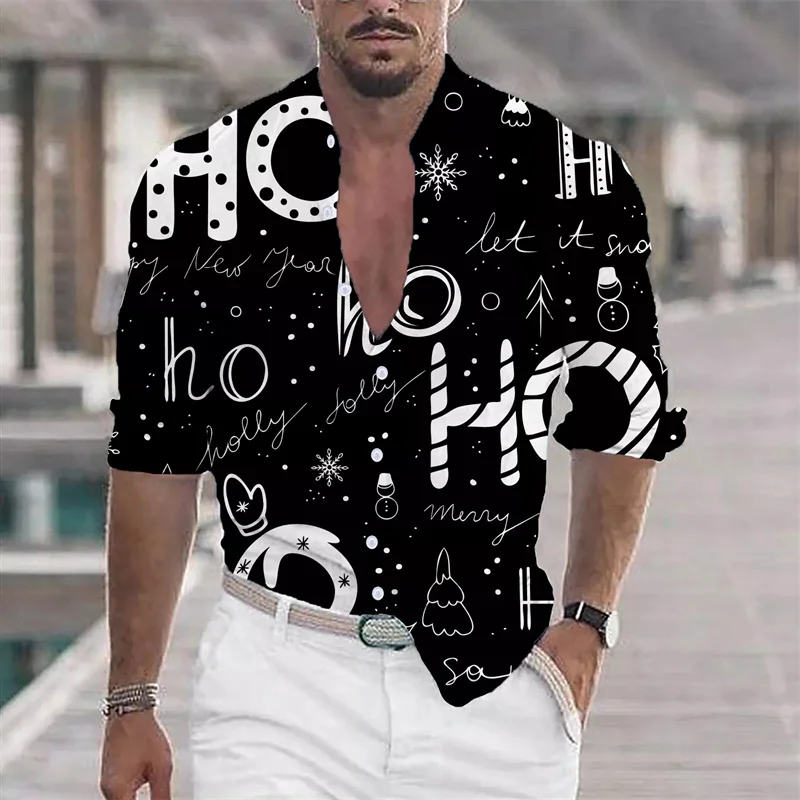Comfortable Men's Christmas Shirt Printed Reindeer Christmas Tree Button Casual Long Sleeve Shirt Festive Dinner Christmas Gift