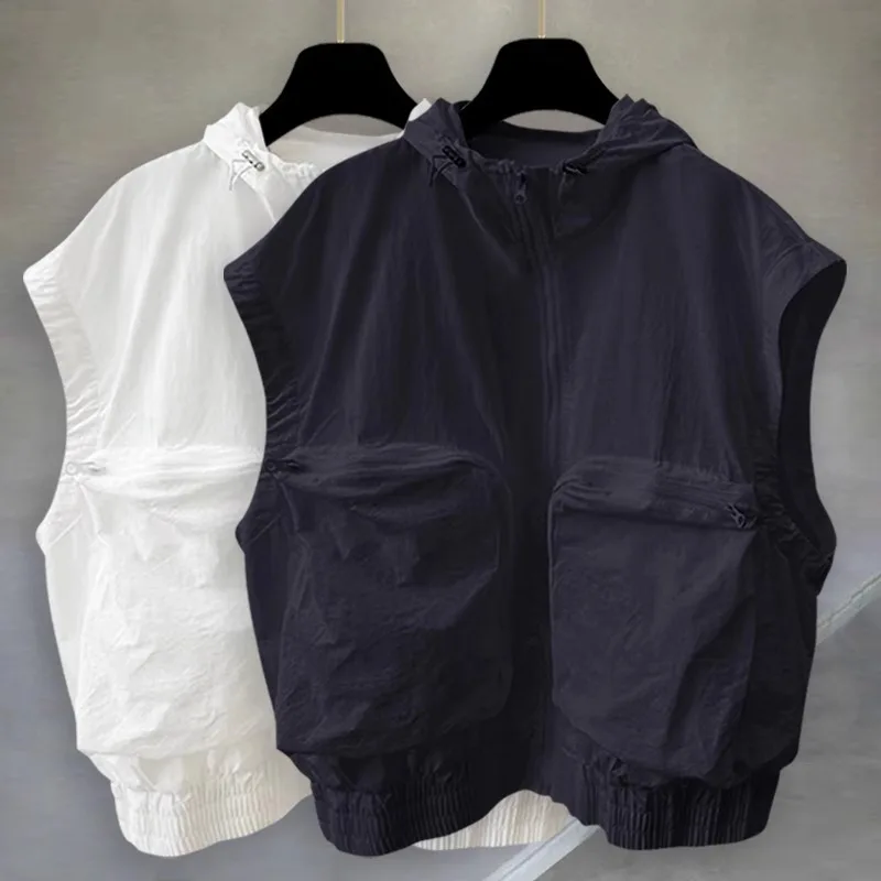 

Летняя мужская безрукавка с молнией, рабочая футболка с 3D-карманом, жилет-накидка из полиэстера, повседневная, с круглым вырезом