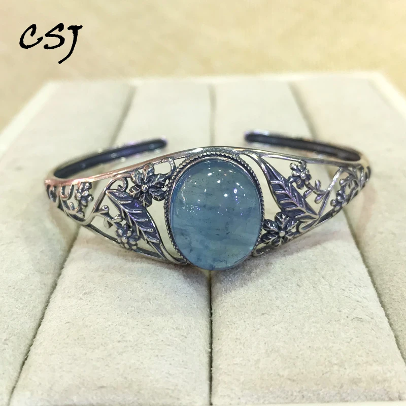 

CSJ Vintage Natural Aquamarine Bangle Sterling 925 Silver Beryl Gemstone 13*18mm for Women Party Birthday Jewelry Bracelet Gift