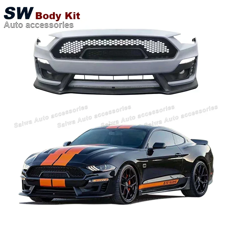 PP Injection Shelby Super Snake Style Front Bumper For Ford Mustang 2018-2021 Conversion With Grille Front Bumper Lip Auto Parts