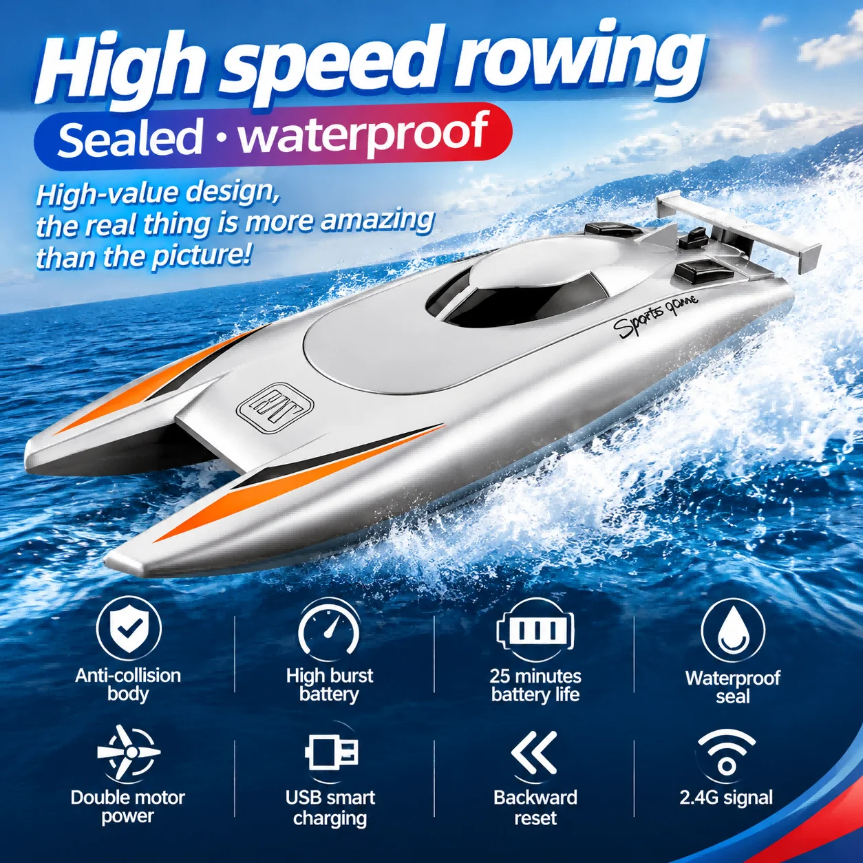 2.4G Radio RC Boat High Speed Speedboat Large Capacity Battery Dual Motor Waterproof Remote Control boat 30 KM/H Toy Holiday Gif