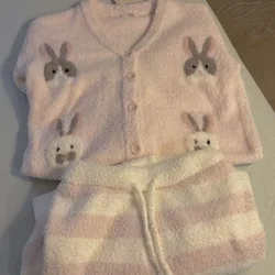 Sweet Soft Knitted Cartoon Rabbit Pajamas Women Elegant Thickened Half Velvet Home Wear Set Worn Outside Winter 2024 New