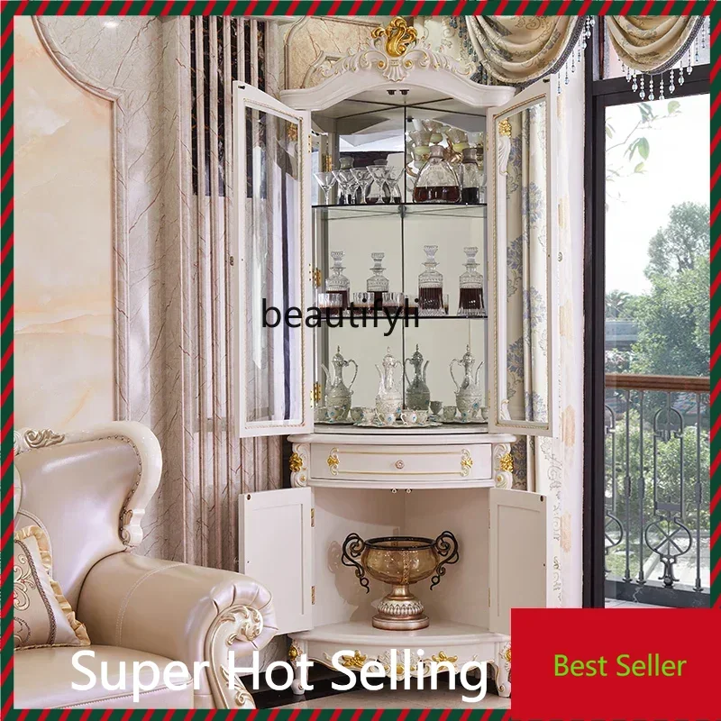 K132 Solid Wood Triangle Wine Cabinet European-Style Living Room Ivory White Corner Cabinet Wall Wine Cabinet Glass Door