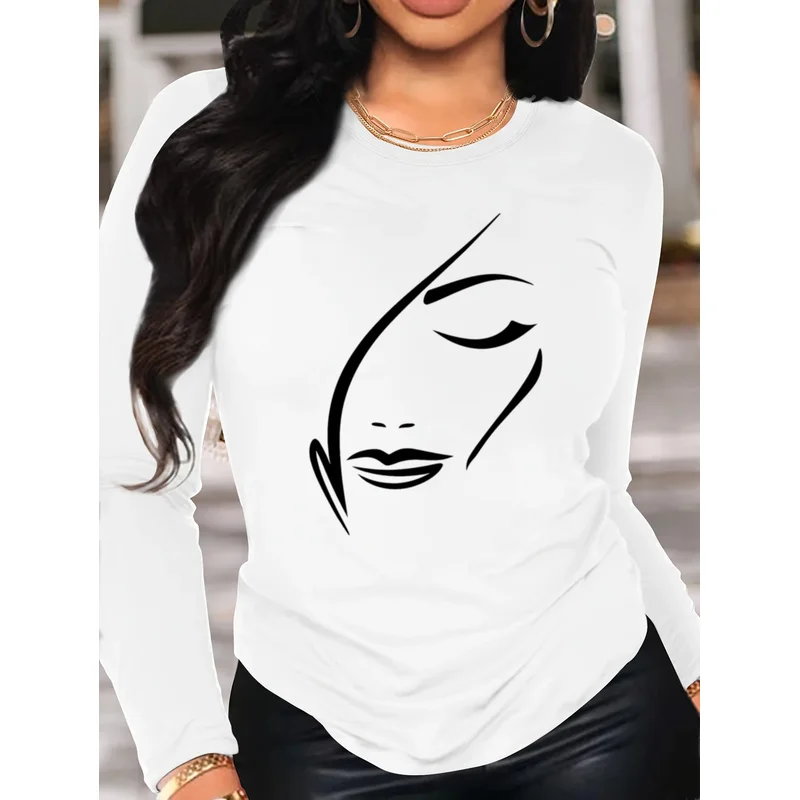 Women Long Sleeve T-Shirt Abstract Face Line Art Print Casual Crew Neck Slim Fit Tops
