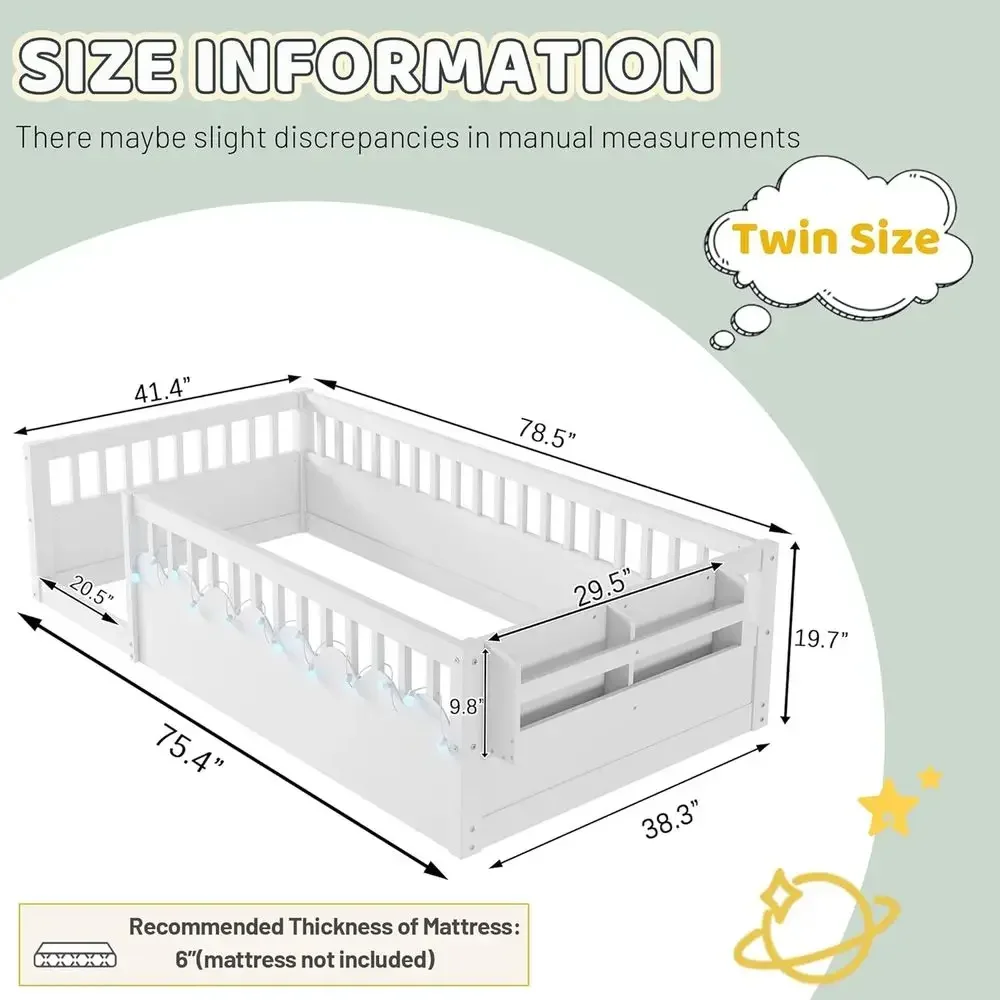 Twin Size Bed with High Rails, LED Lights, Storage, and Wider Opening Gate for Kids - Suitable for Boys and Girls, White