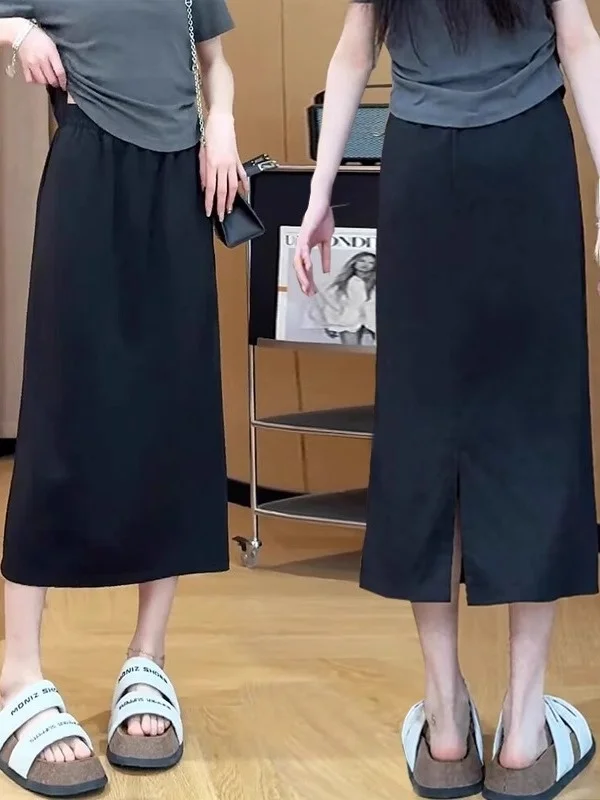 

High Waist A-Line Skirt plus Size Summer Thin Loose Versatile Mid-Length Back Split Half Skirt for Pear Body Shapes