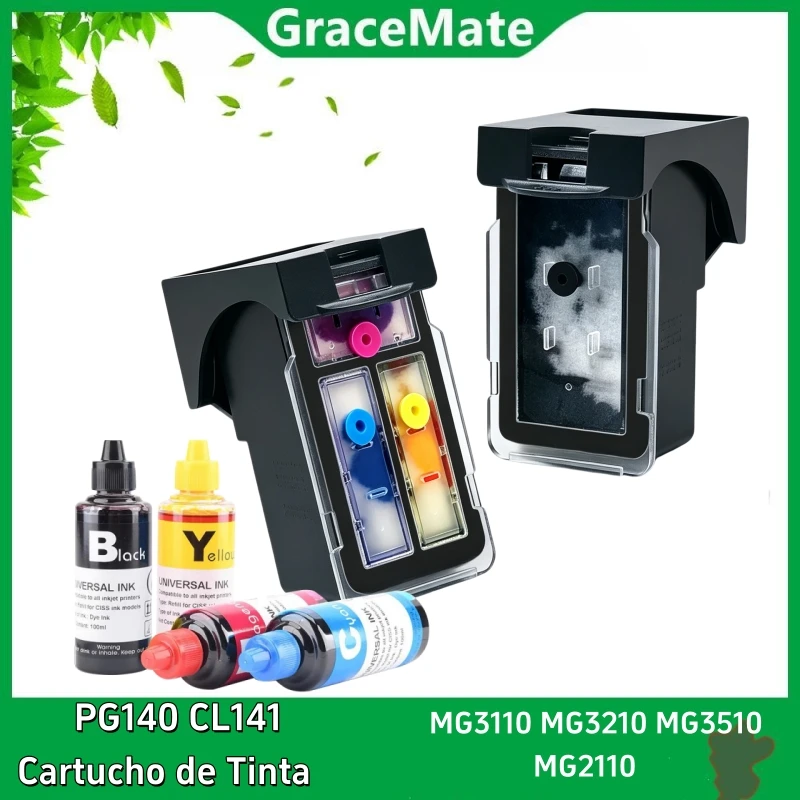 GraceMate Cartucho de Tinta Recarregável PG-140 CL-141 XL Compatível Para Canon Pixma MG3110 MG3210 MG3510 MG2110 Impressora