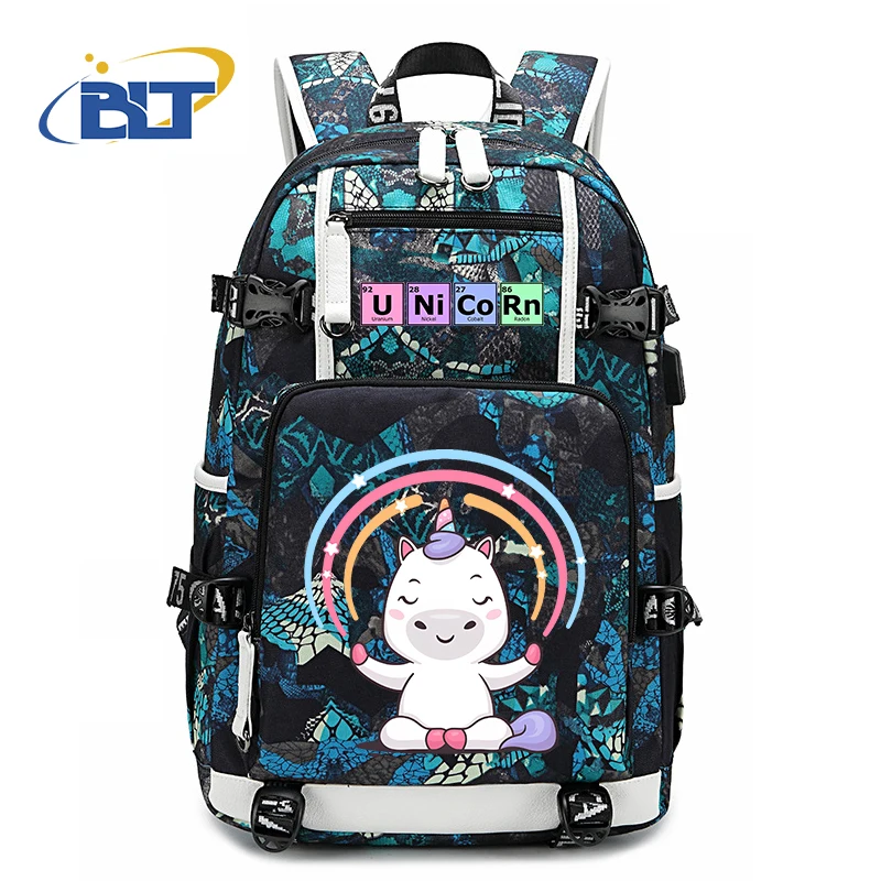 Unicórnio Imprimir Student Schoolbag, Mochila Jovem, Grande Capacidade, USB Outdoor Travel Bag, Kids School Gift