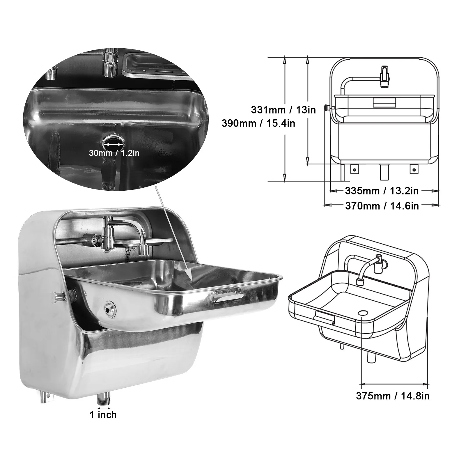 Pia de parede de aço inoxidável 304 com torneira, lavatório suspenso de parede oculto para RV, caminhão de comida, barco, motorhome